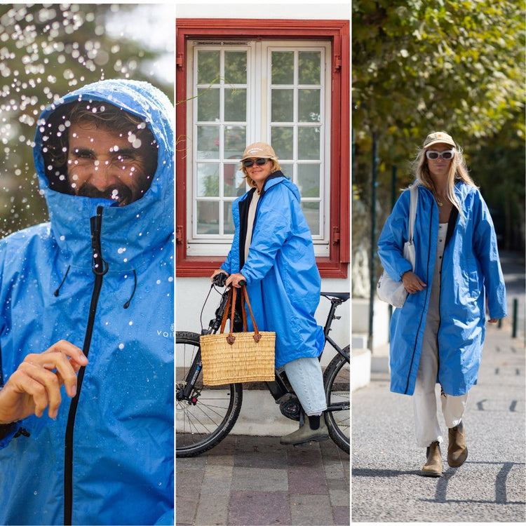 A three-panel collage showing a woman wearing a bright blue hooded Allweather coat in different outdoor settings: snow falling in the left panel, standing by a bicycle in the middle panel, and walking on a tree-lined path in the right panel.